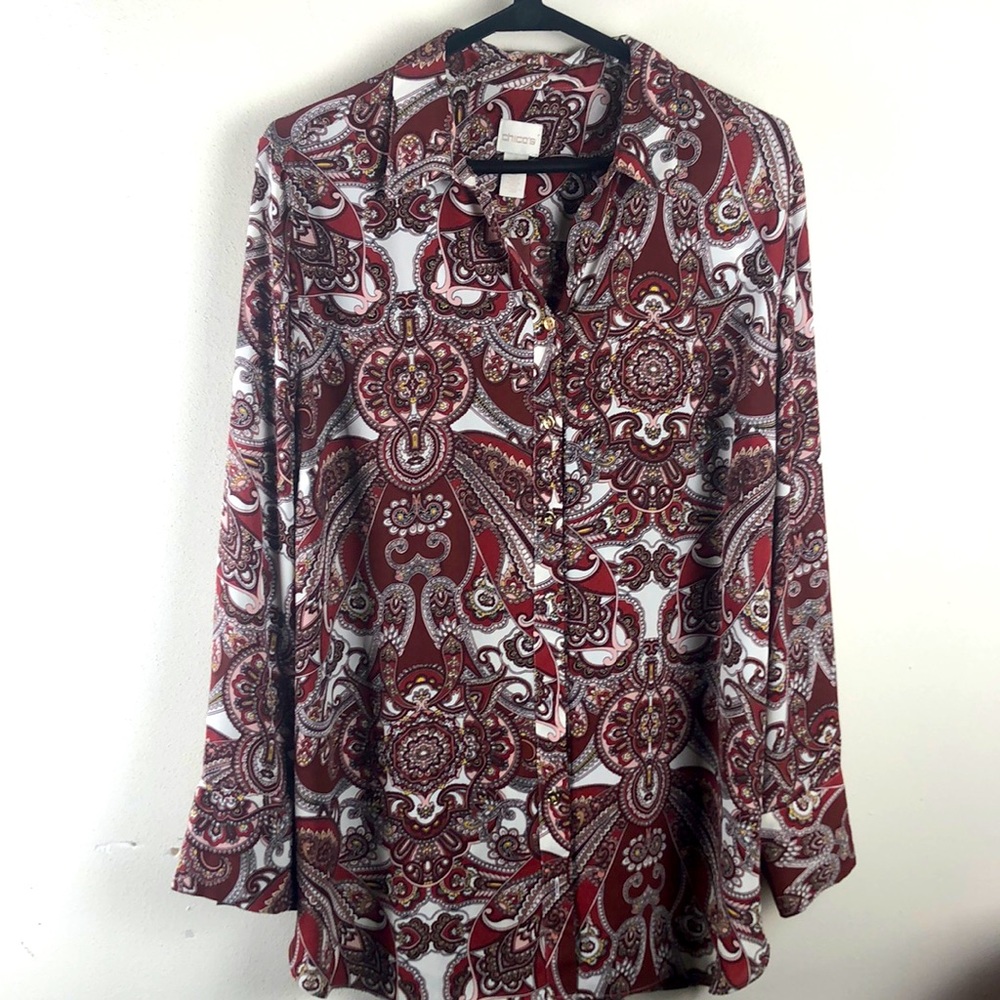 Chicos size 3 women’s brown rust paisley long sleeve button up blouse
